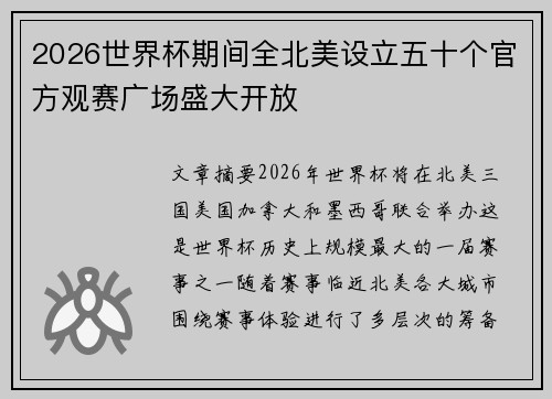 2026世界杯期间全北美设立五十个官方观赛广场盛大开放