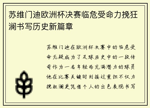 苏维门迪欧洲杯决赛临危受命力挽狂澜书写历史新篇章